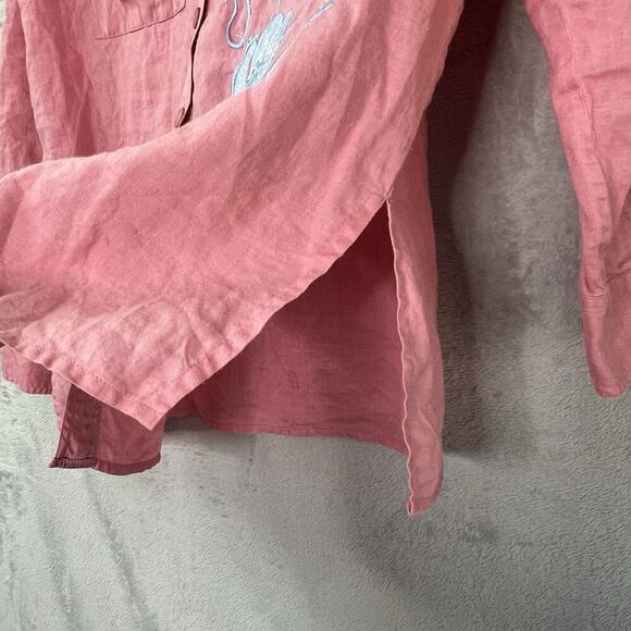Allison Taylor Linen Silk Trim Pink Button Down Embroidery Long Sleeve Blouse M - Picture 4 of 12